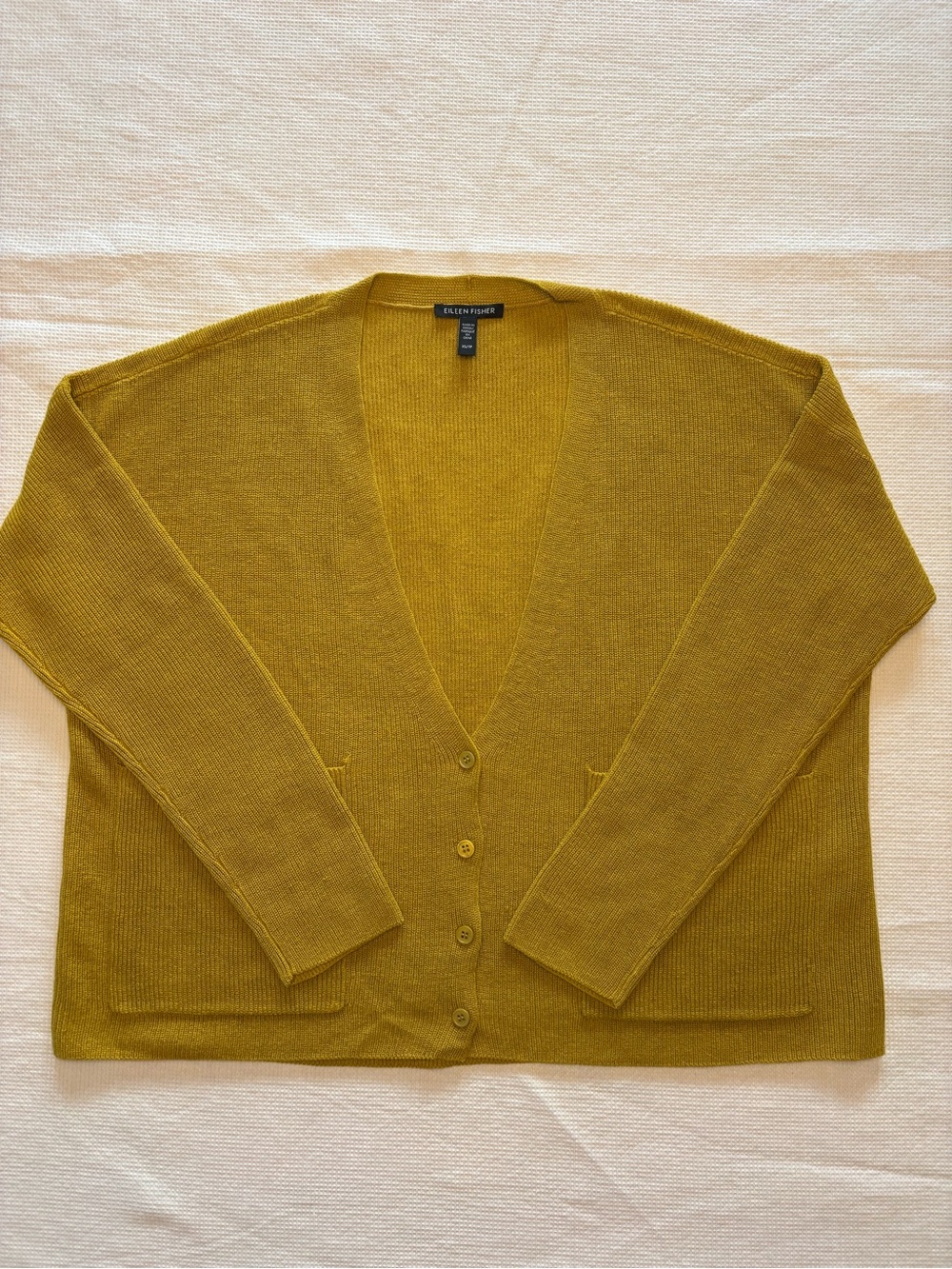 Eileen Fisher Organic Linen/Cotton Gold V-Neck Button Front Cardigan